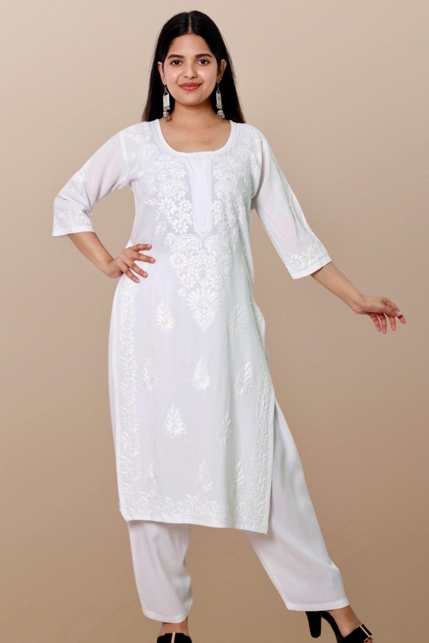 Plus Size Lucknowi Chikankari Hand Embroidered White Kurta Kurti for Women - Elegant and stylish women's kurta with intricate hand embroidery, perfect for any occasion.