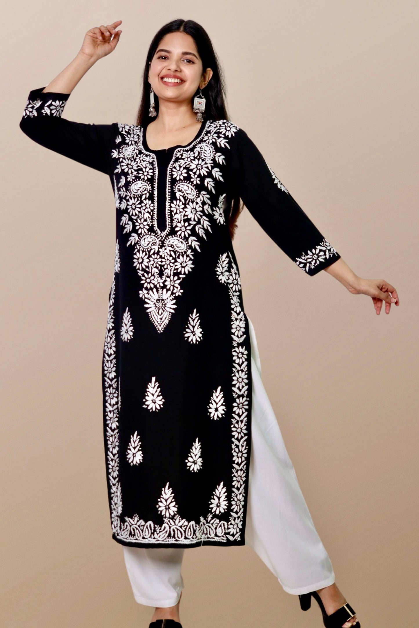 Plus Size Lucknowi Chikankari Hand Embroidered Rayon Straight Kurta Kurti for Women