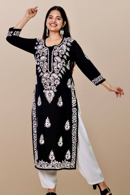 Plus Size Lucknowi Chikankari Hand Embroidered Rayon Straight Kurta Kurti for Women