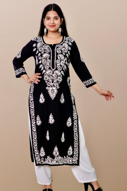 Plus Size Lucknowi Chikankari Hand Embroidered Printed Straight Kurta Kurti for Women - Elegant and stylish women's kurta with intricate hand embroidery, perfect for any occasion.