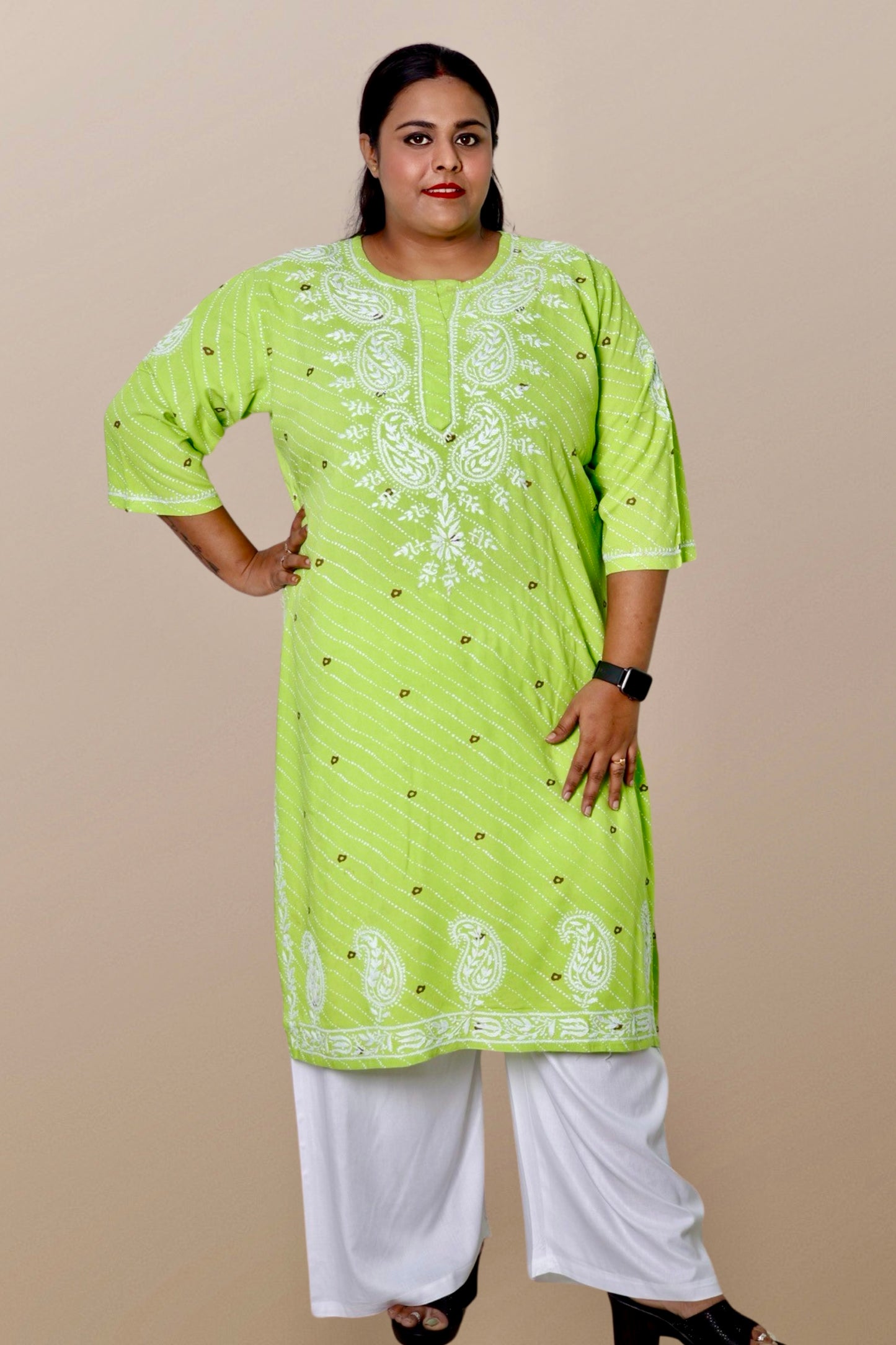 Plus Size Lucknowi Chikankari Hand Embroidered Printed Straight Kurta Kurti for Women