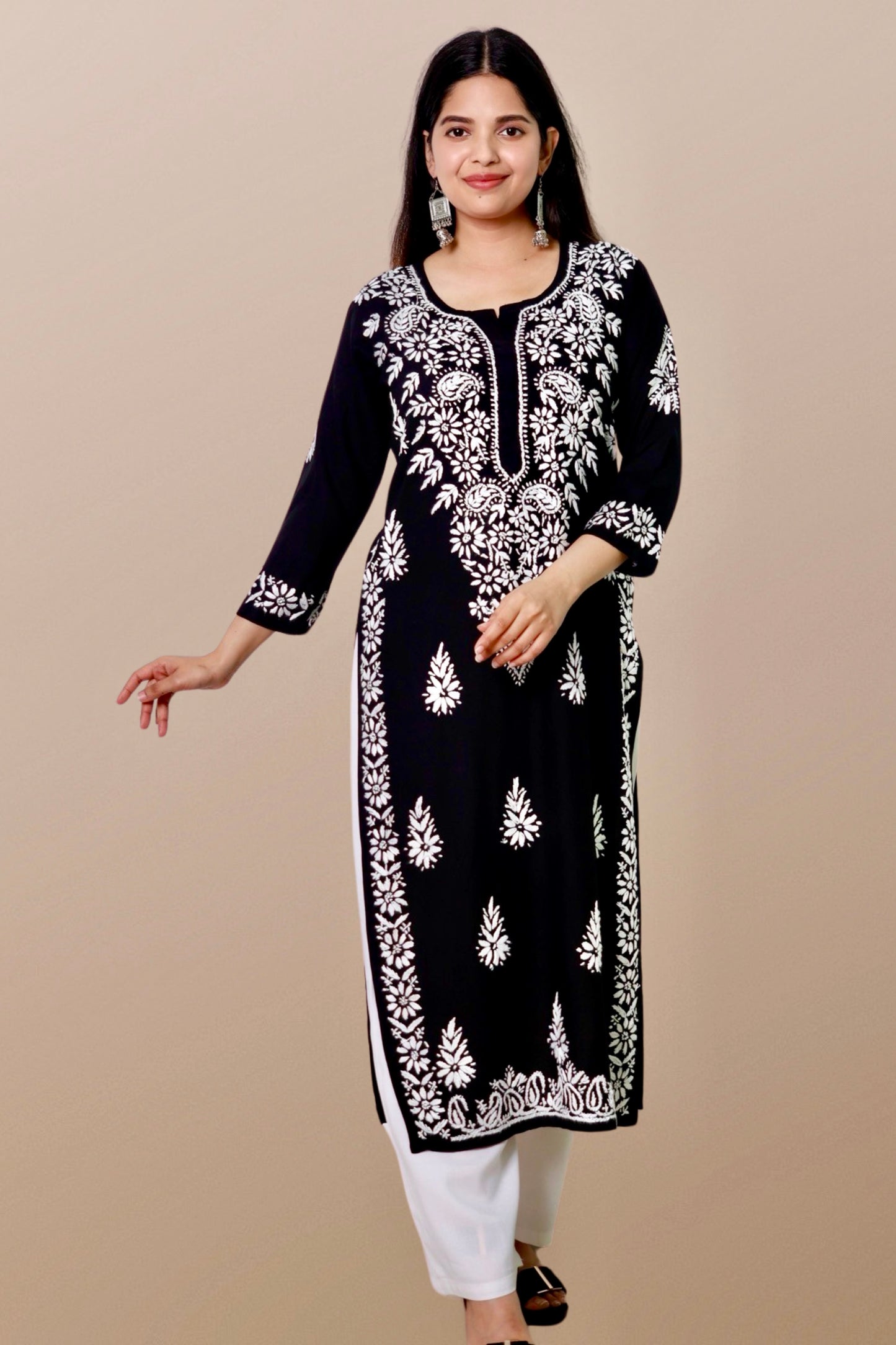 Plus Size Lucknowi Chikankari Hand Embroidered Rayon Straight Kurta Kurti for Women