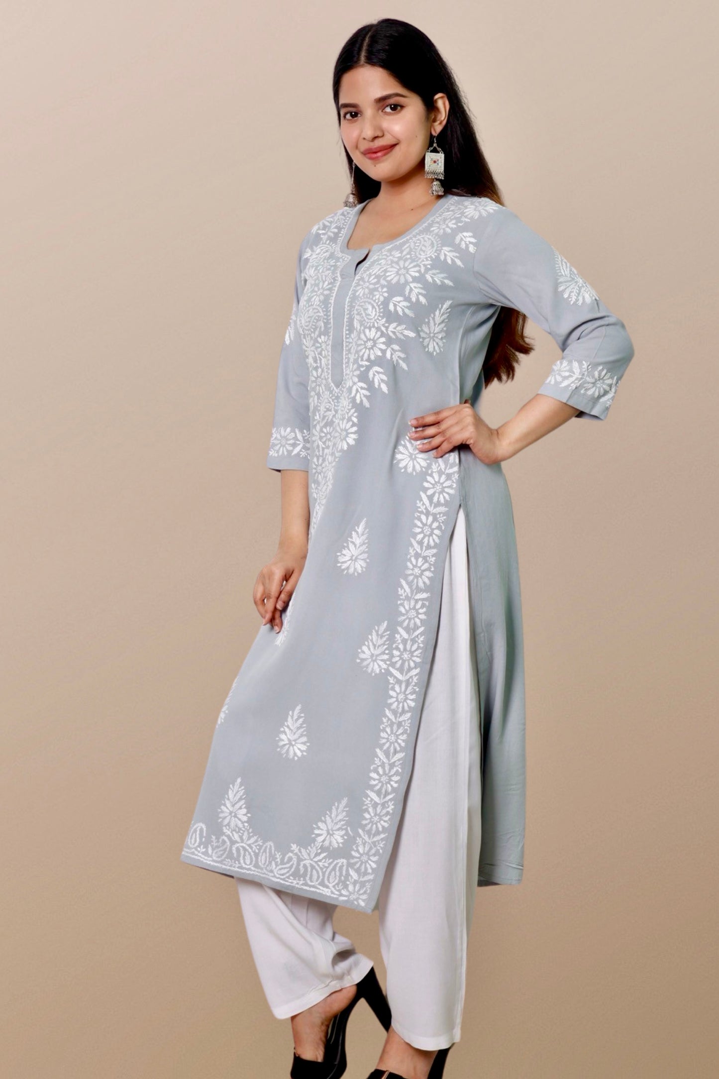 Plus Size Lucknowi Chikankari Hand Embroidered Rayon Straight Kurta Kurti for Women