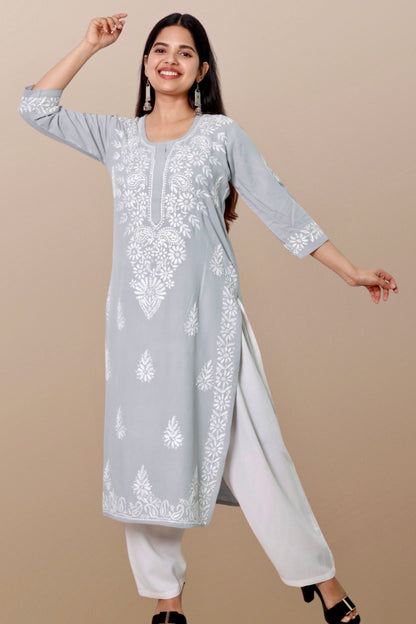 Plus Size Lucknowi Chikankari Hand Embroidered Rayon Straight Kurta Kurti for Women