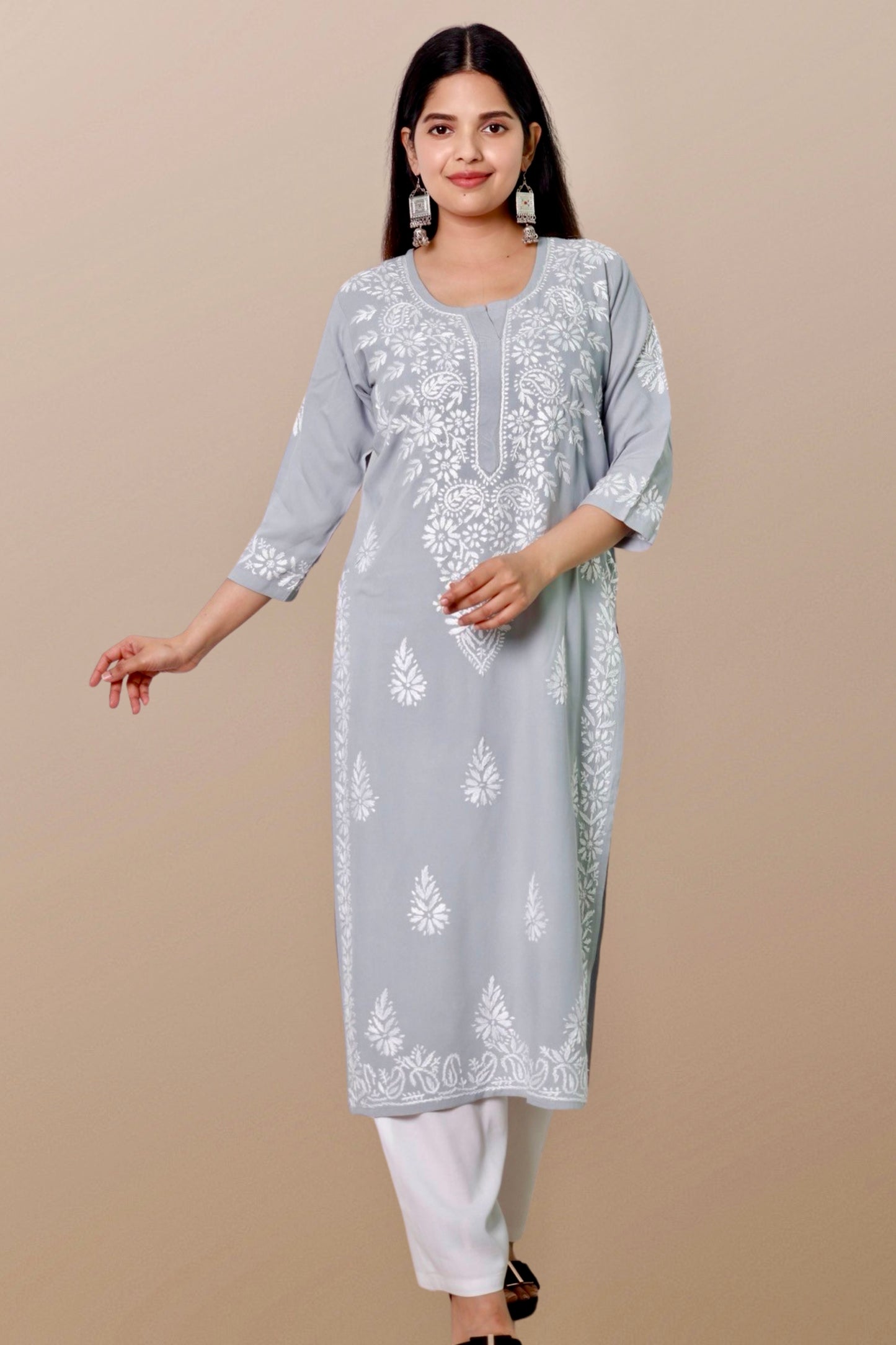 Plus Size Lucknowi Chikankari Hand Embroidered Rayon Straight Kurta Kurti for Women