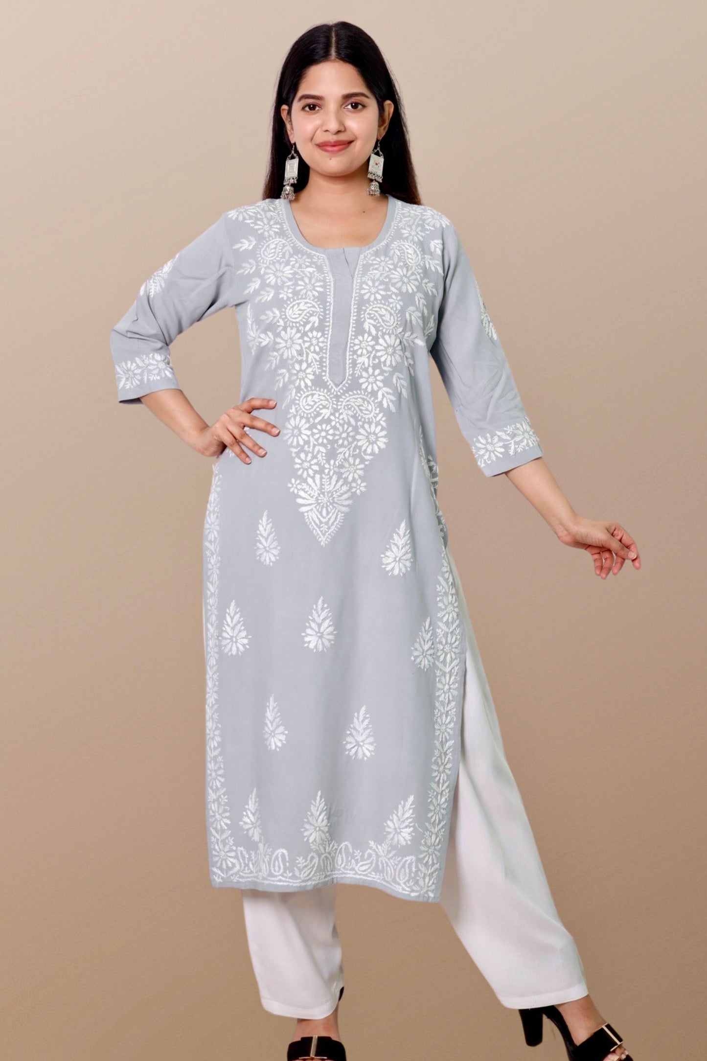 Plus Size Lucknowi Chikankari Hand Embroidered Printed Straight Kurta Kurti for Women - Elegant and stylish women's kurta with intricate hand embroidery, perfect for any occasion.