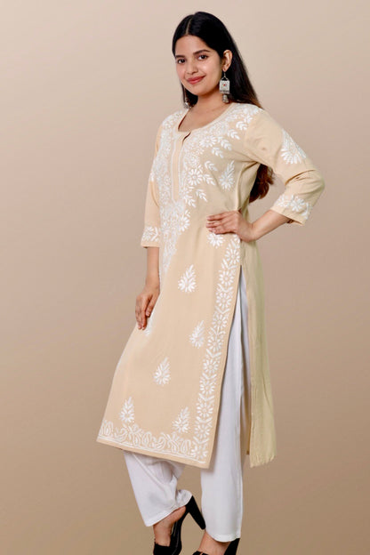 Plus Size Lucknowi Chikankari Hand Embroidered Rayon Straight Kurta Kurti for Women