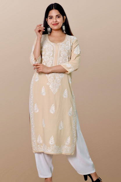 Plus Size Lucknowi Chikankari Hand Embroidered Rayon Straight Kurta Kurti for Women