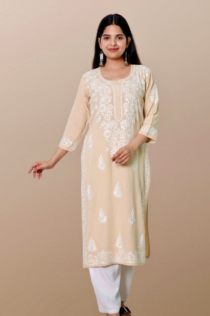 Plus Size Lucknowi Chikankari Hand Embroidered Rayon Straight Kurta Kurti for Women