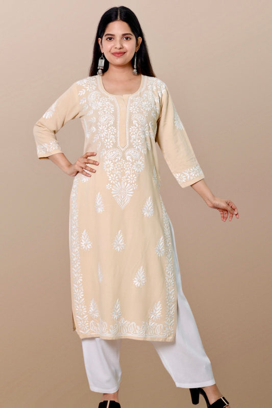 Plus Size Lucknowi Chikankari Hand Embroidered Printed Straight Kurta Kurti for Women - Elegant and stylish women's kurta with intricate hand embroidery, perfect for any occasion.