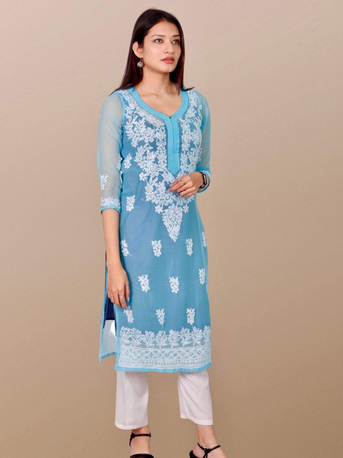 Plus Size Hand Embroidered Lucknowi Chikankari Georgette Women Kurta with Cotton Slip