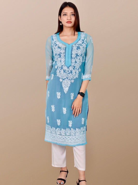 Plus Size Hand Embroidered Lucknowi Chikankari Georgette Women Kurta 3XL, 4XL, 5XL, 6XL, 7XL, 8XL 