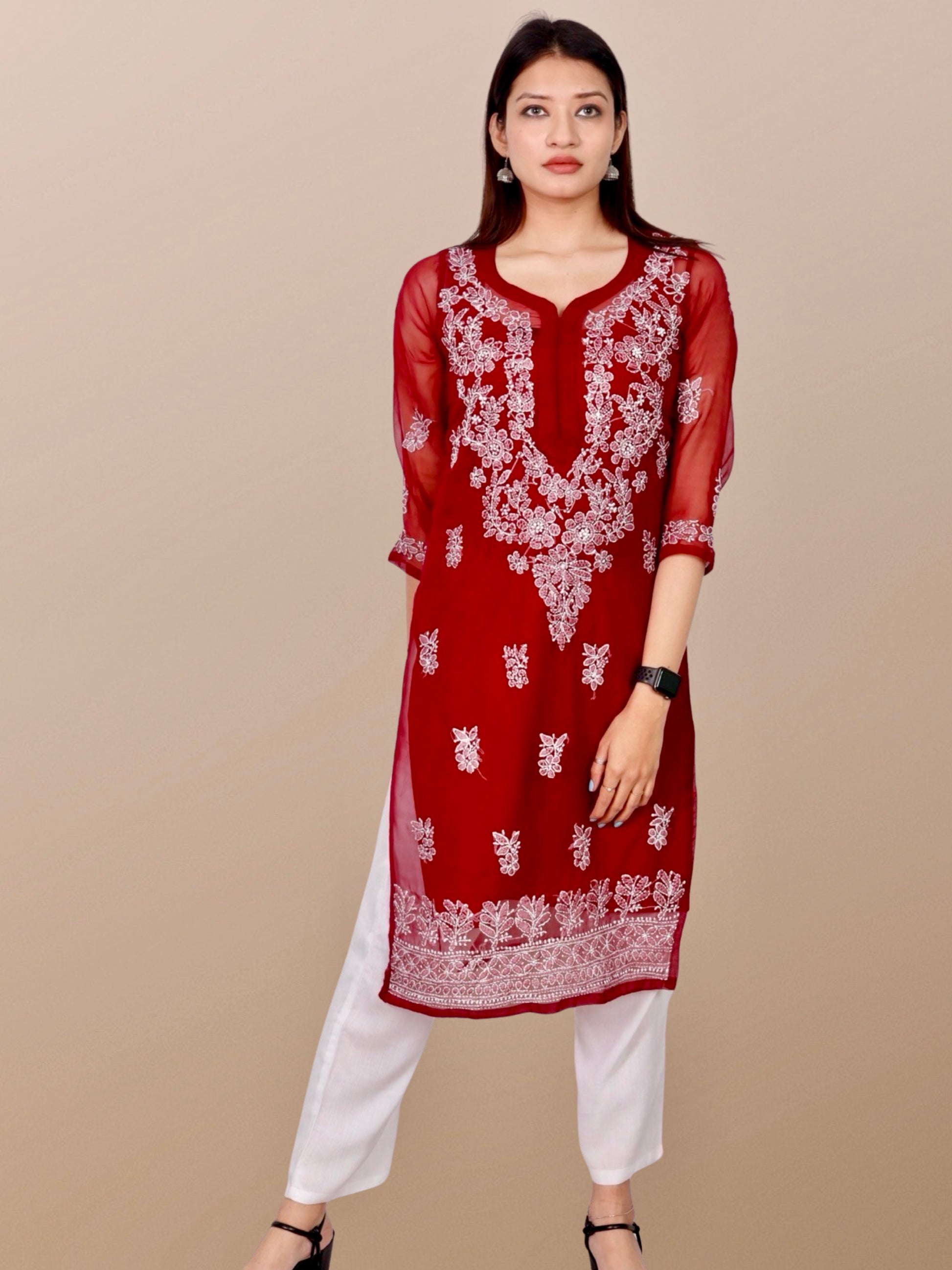 Plus Size Hand Embroidered Lucknowi Chikankari Georgette Women Kurta 3XL, 4XL, 5XL, 6XL, 7XL, 8XL 