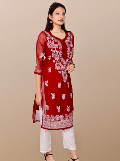 Copy of Plus Size Hand Embroidered Lucknowi Chikankari Georgette Women Kurta with Cotton Slip