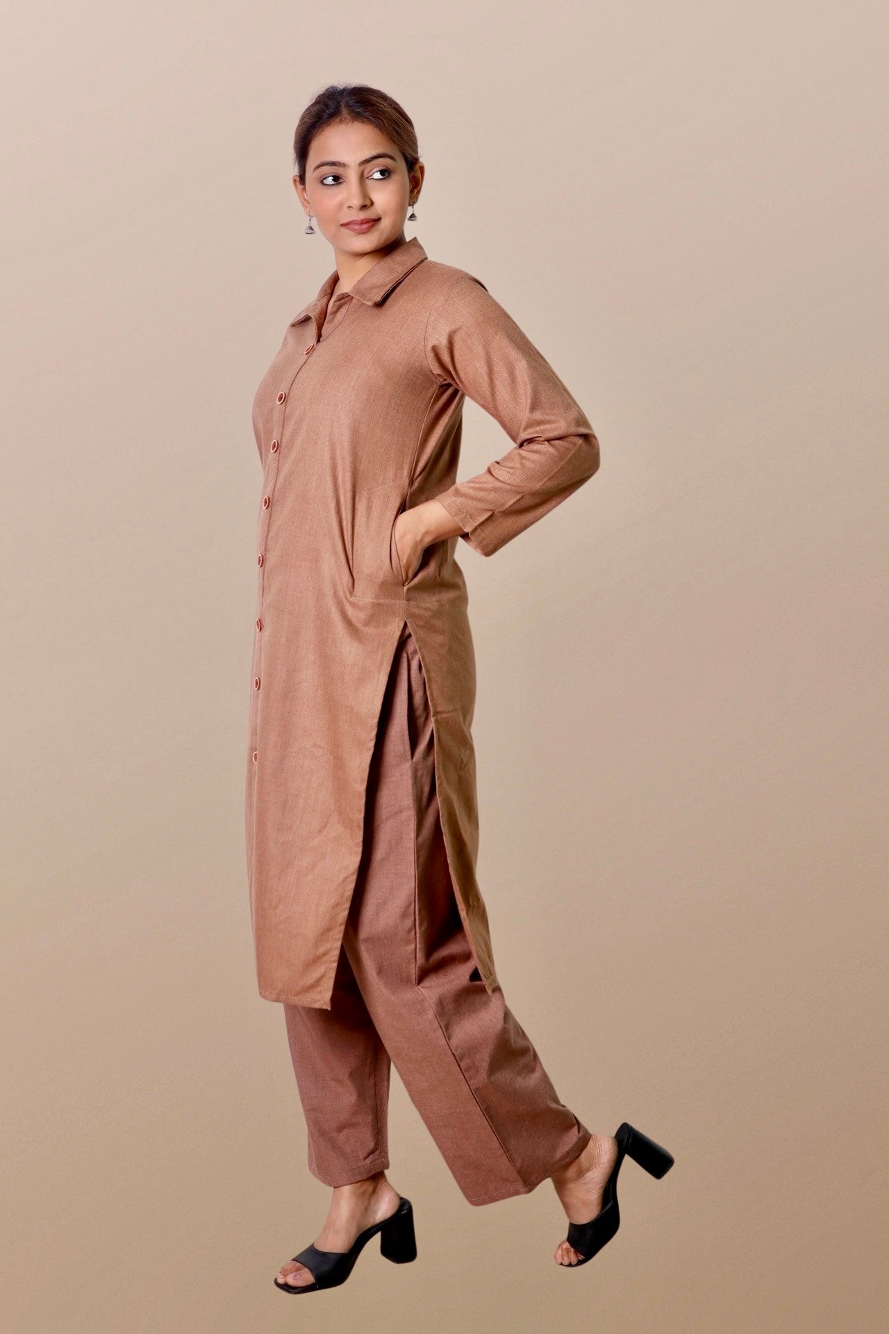 Plus Size Woolen Kurta (Without Bottoms) Beige