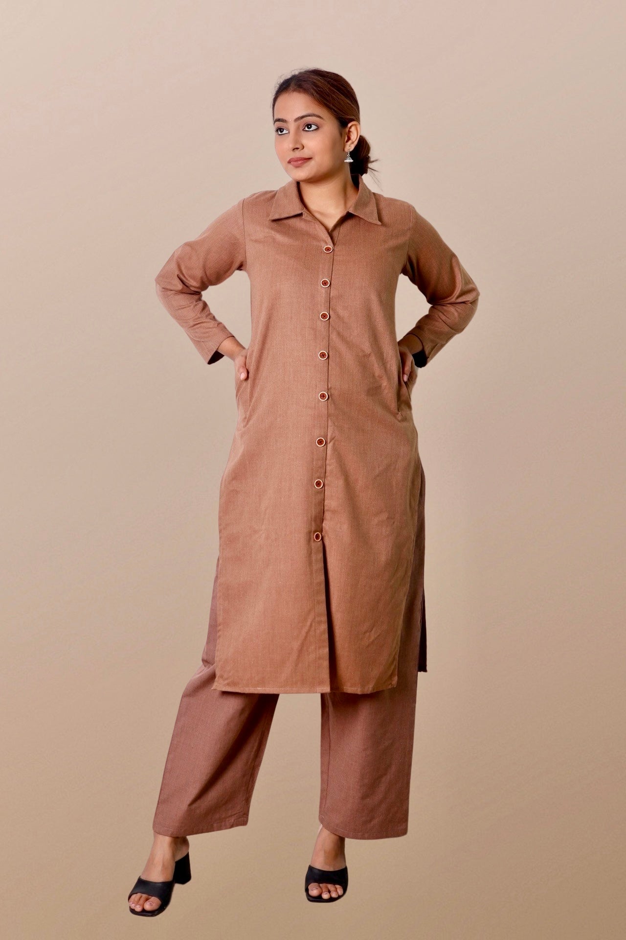 Plus Size Woolen Kurta (Without Bottoms) Beige