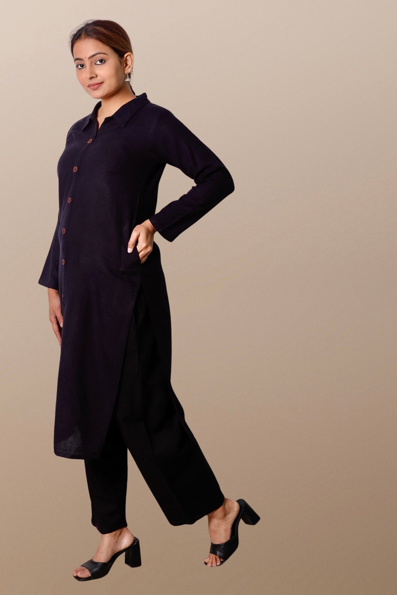 Plus Size Woolen Kurta (Without Bottoms) Black