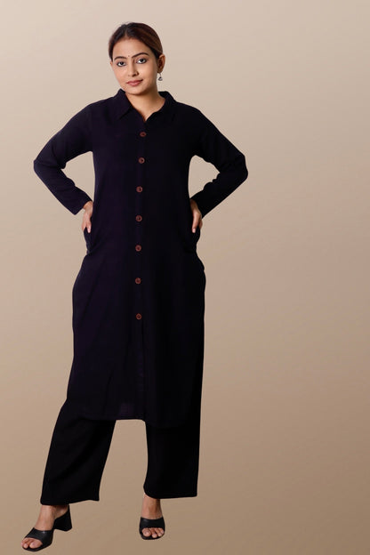 Plus Size Woolen Kurta (Without Bottoms) Black