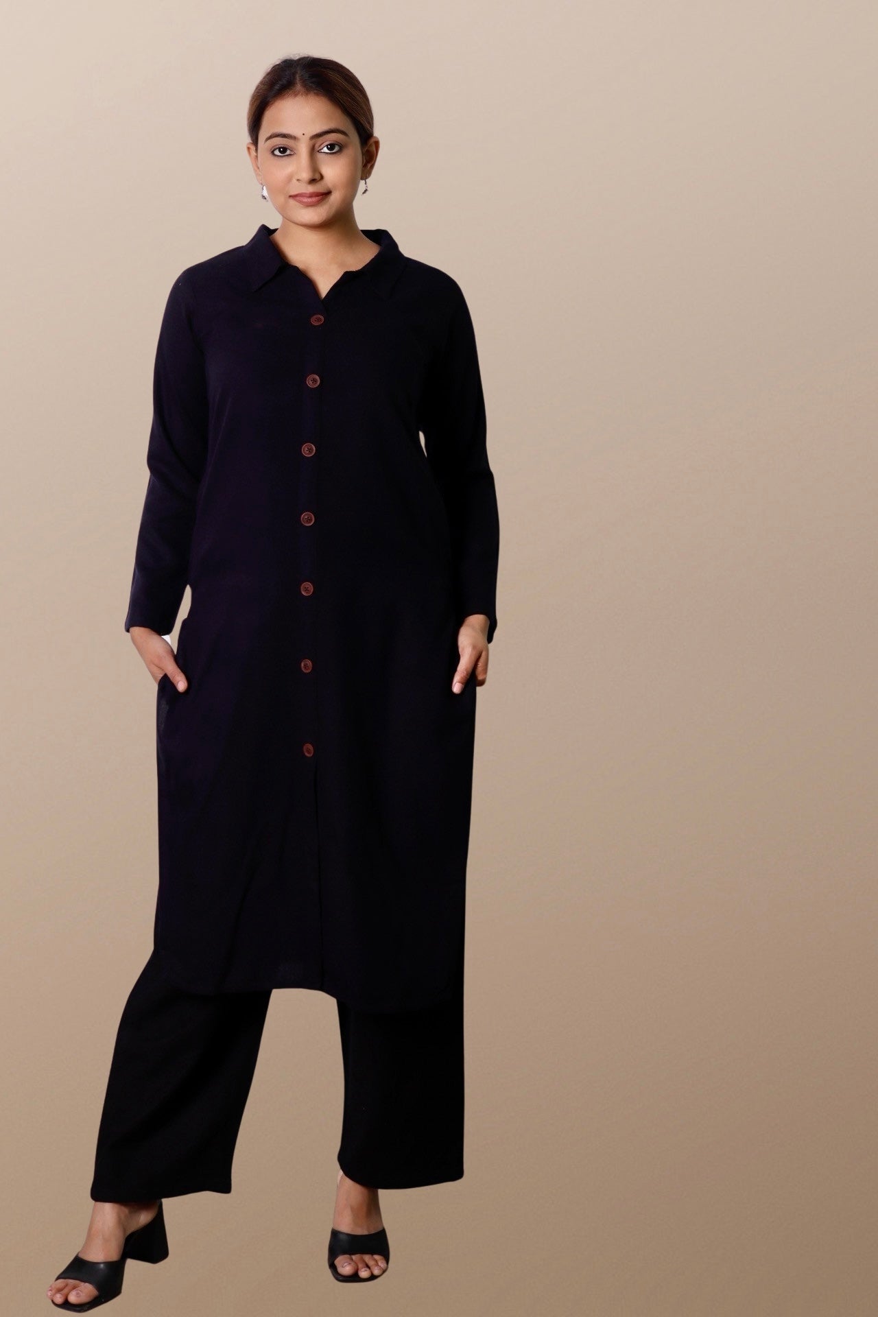 Plus Size Woolen Kurta (Without Bottoms) Black