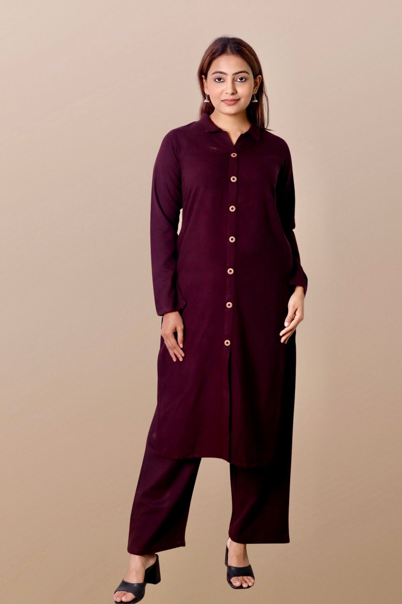 Plus Size Woolen Kurta (Without Bottoms) Brown