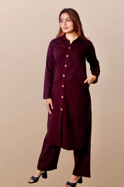 Plus Size Woolen Kurta (Without Bottoms) Brown