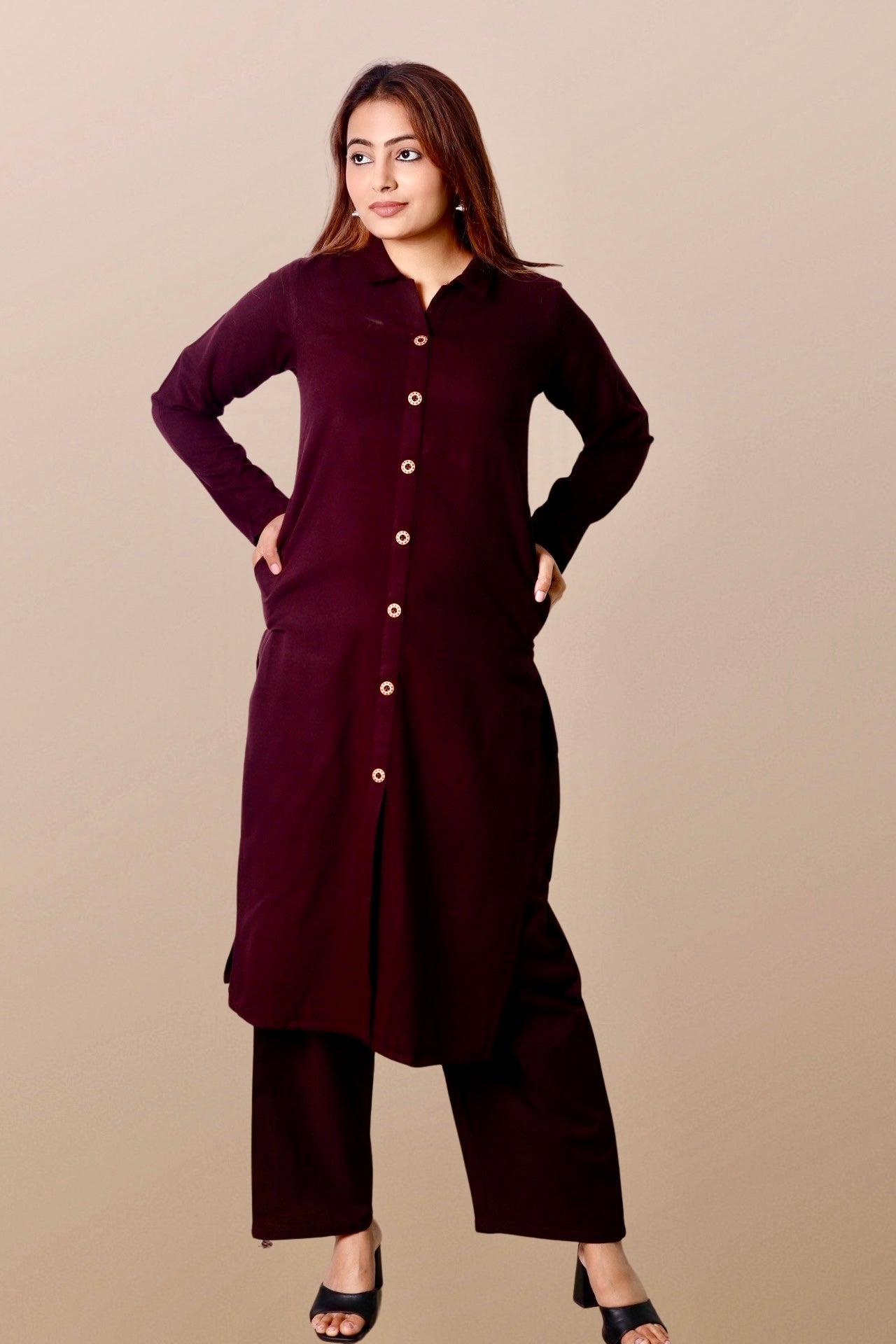 Plus Size Woolen Kurta (Without Bottoms) Brown