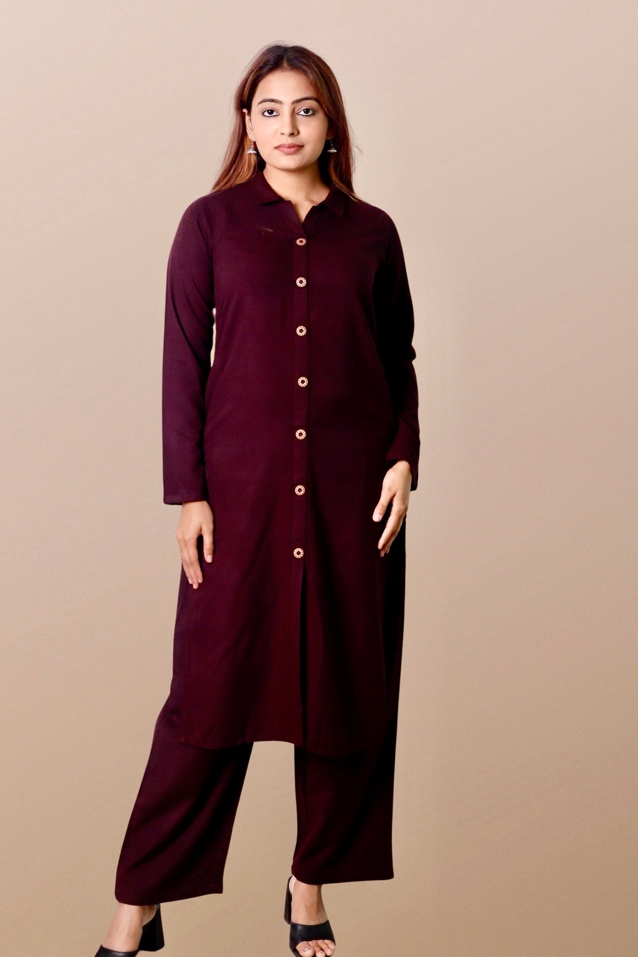 Plus Size Woolen Kurta (Without Bottoms) Brown