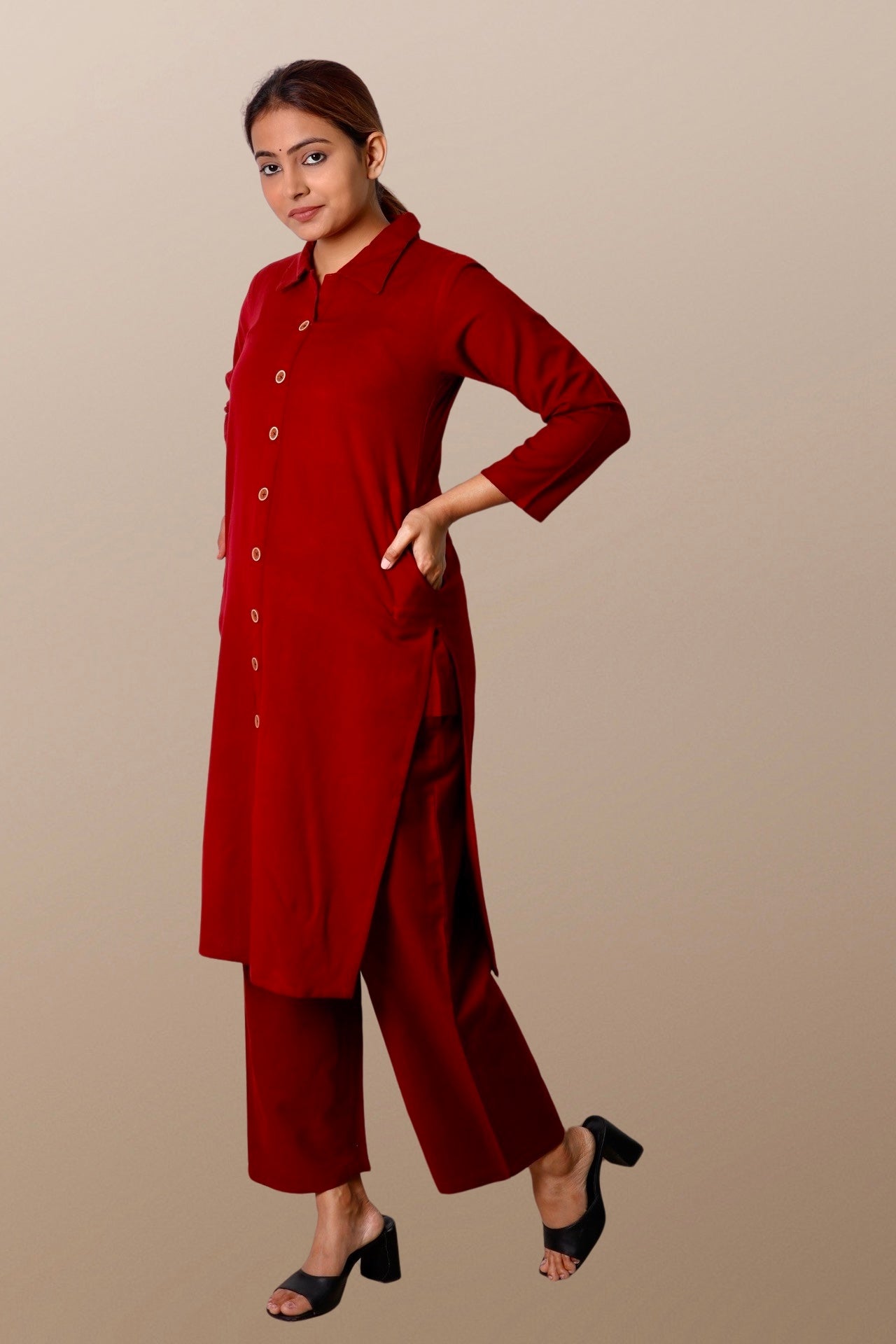 Plus Size Woolen Kurta (Without Bottoms) Maroon