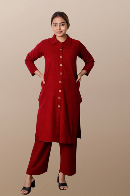 Plus Size Woolen Kurta (Without Bottoms) Maroon