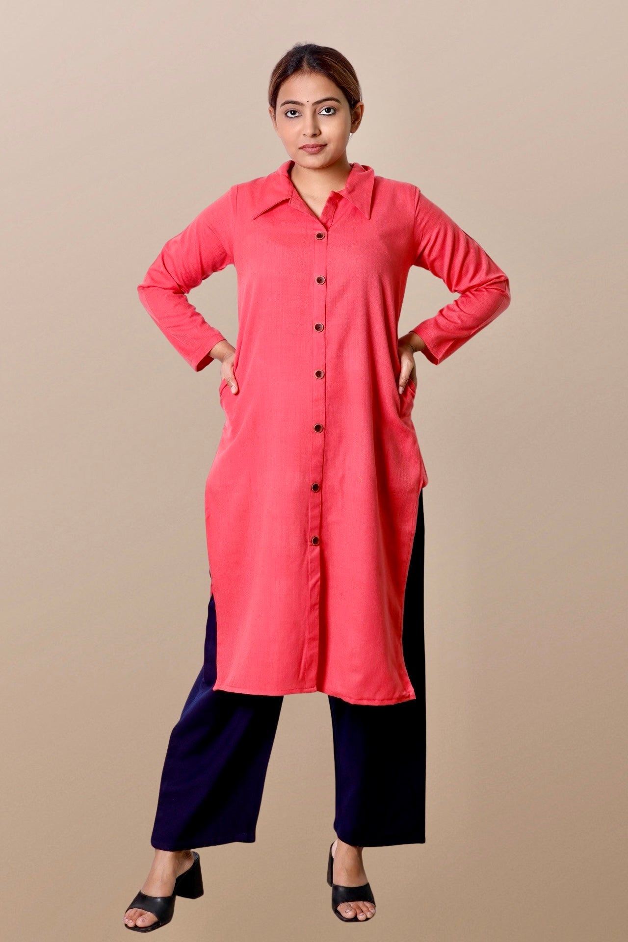 Plus Size Woolen Kurta (Without Bottoms) Peach