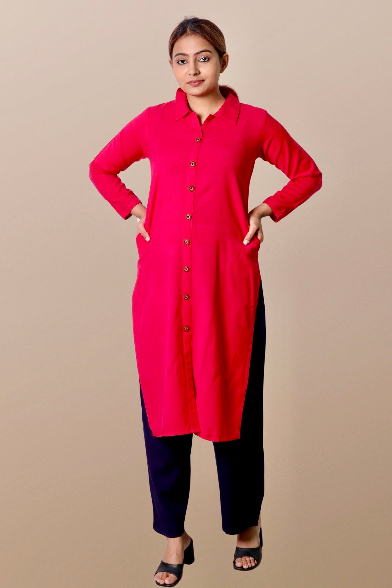 Plus Size Woolen Kurta (Without Bottoms) Pink