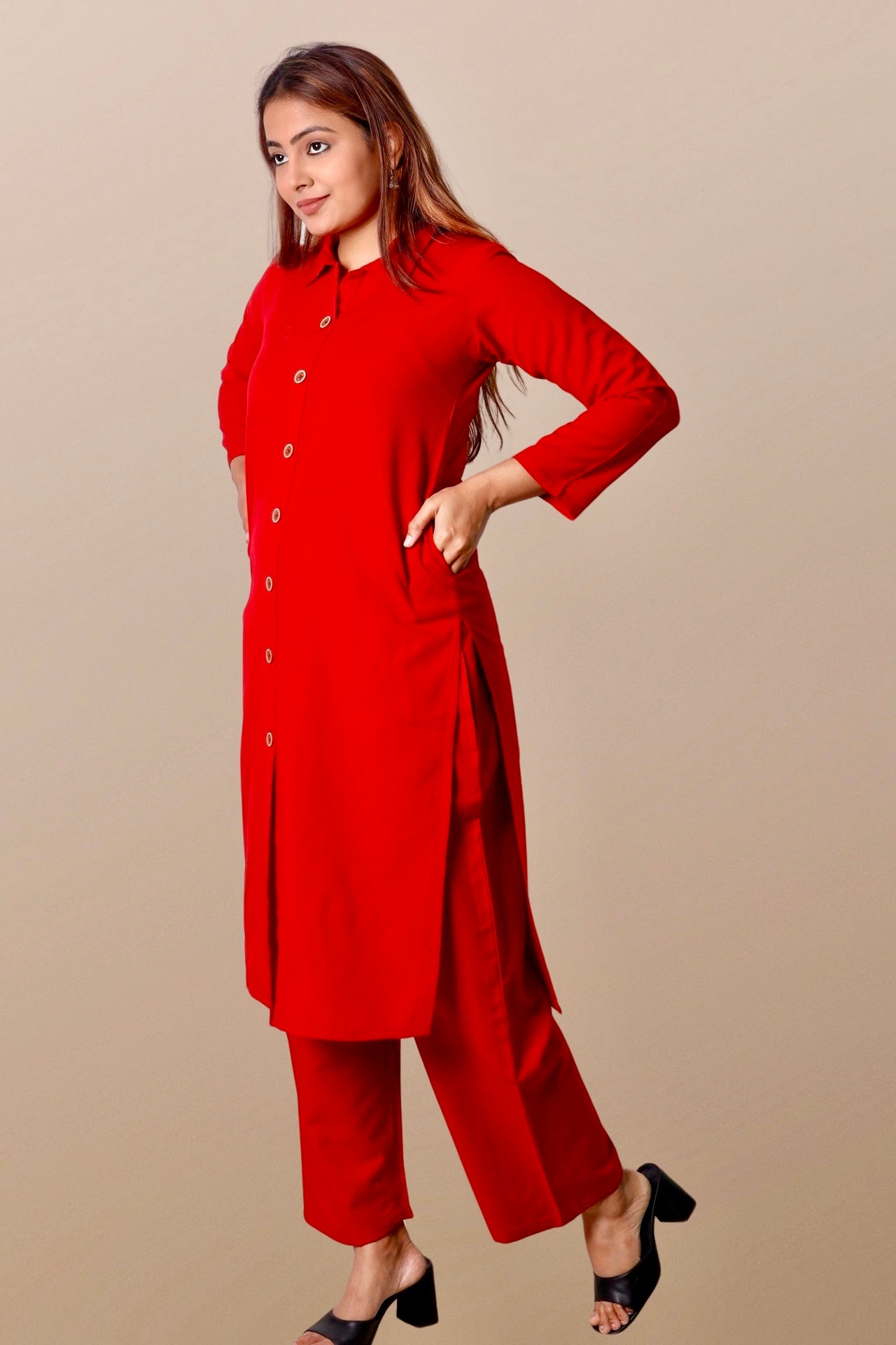 Plus Size Woolen Kurta (Without Bottoms) Red