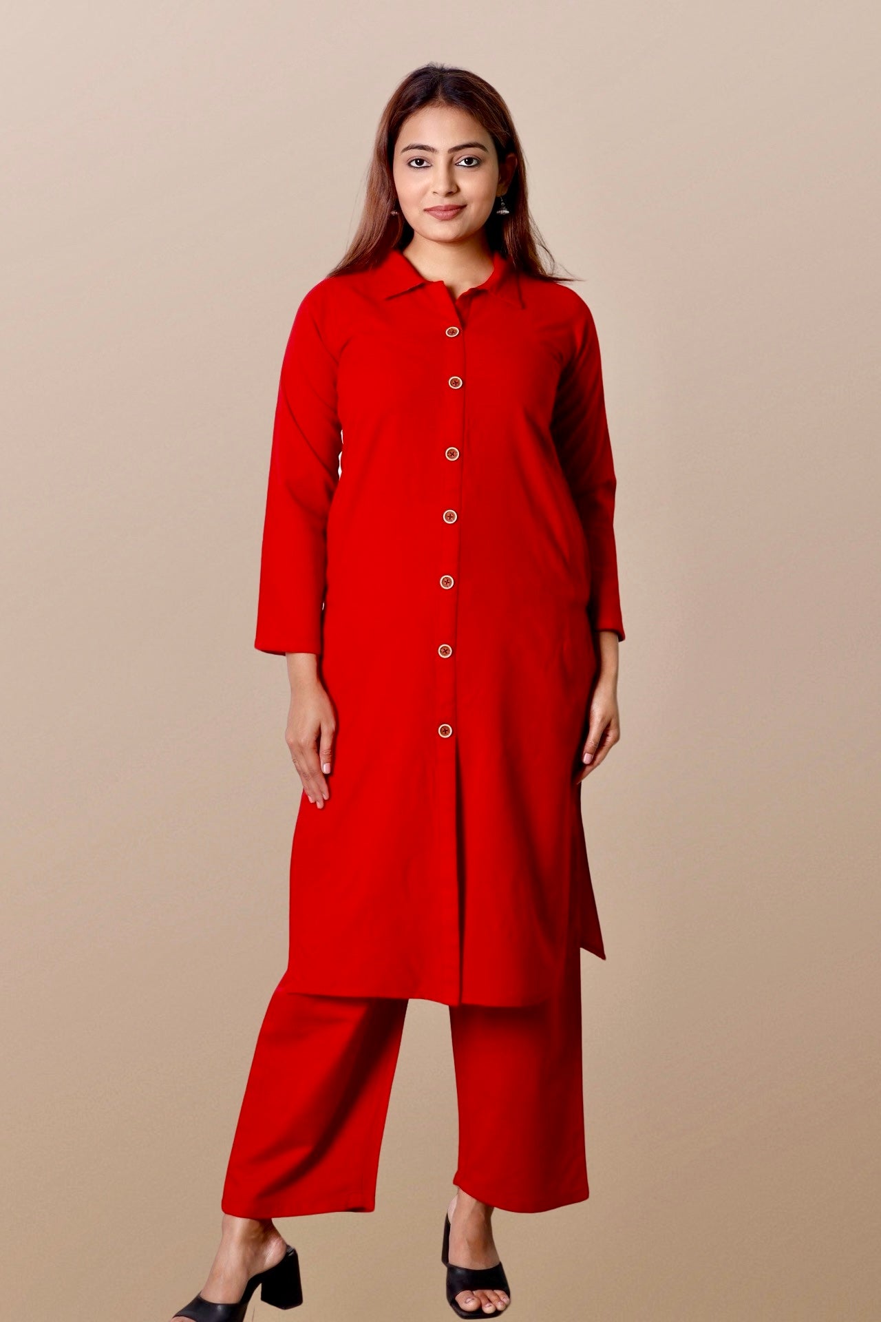 Plus Size Woolen Kurta (Without Bottoms) Red