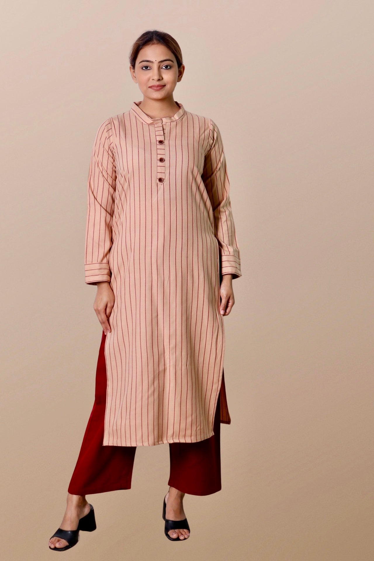 Plus Size Printed Woolen Kurta (Without Bottoms) Beige