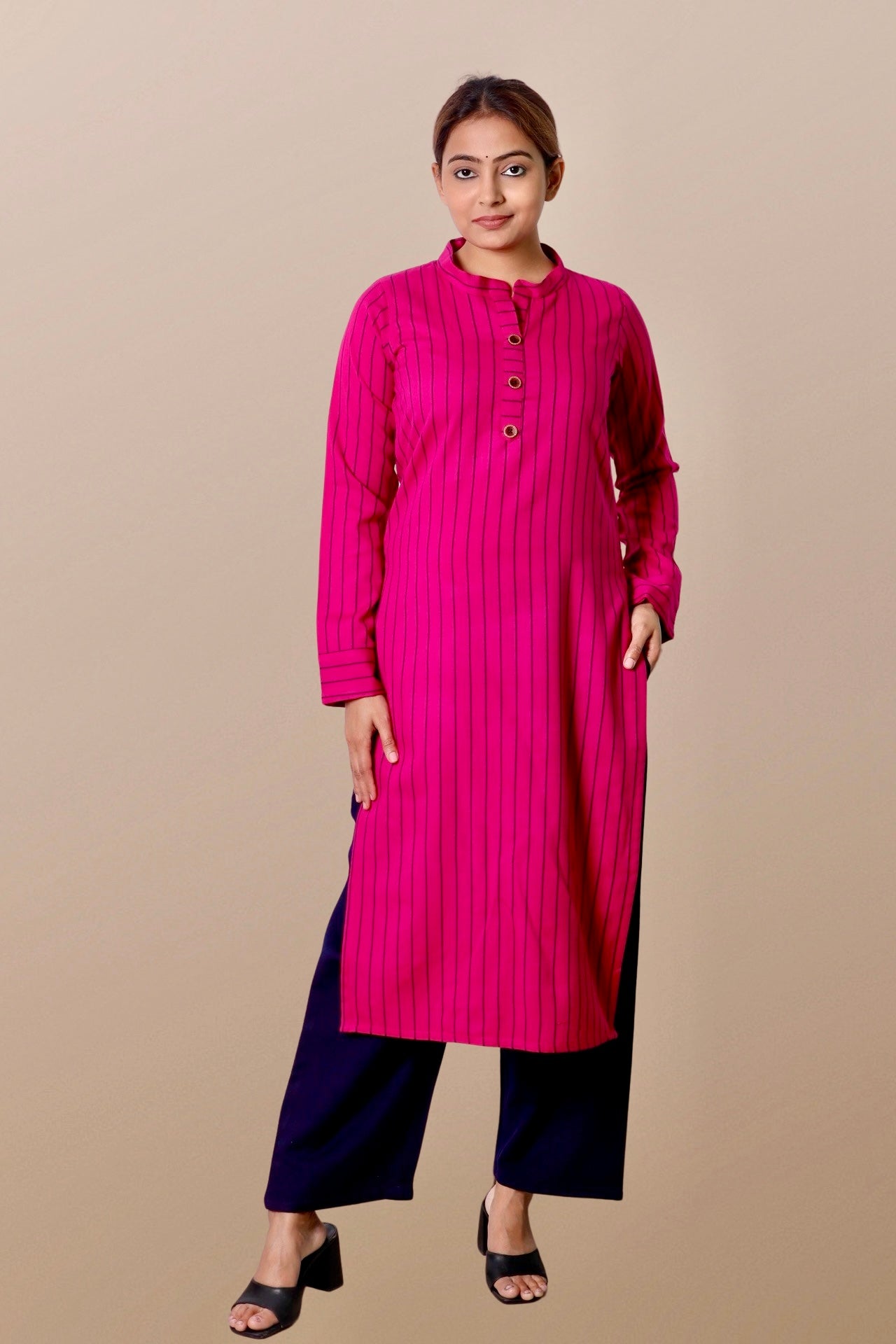 Plus Size Printed Woolen Kurta (Without Bottoms) Pink