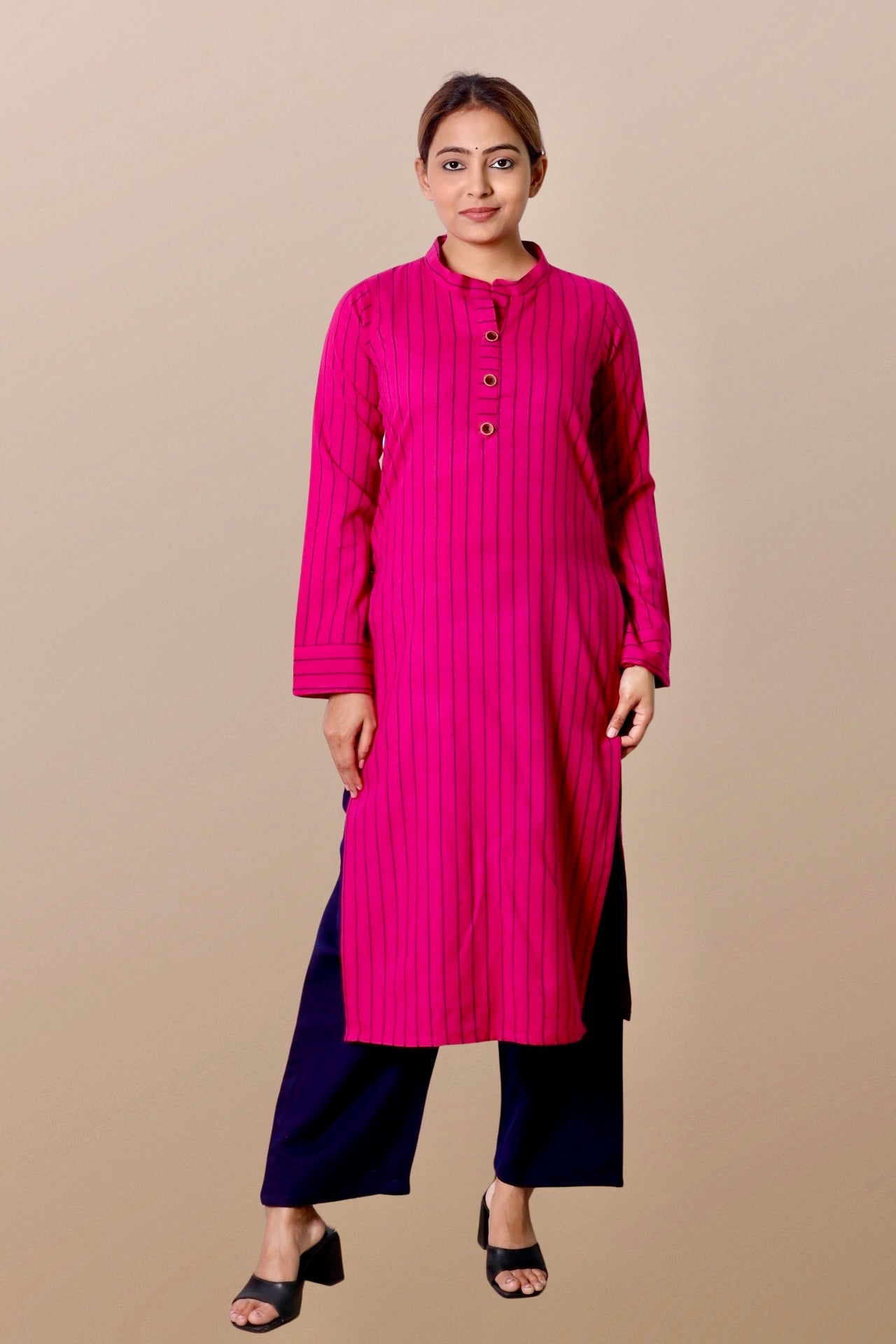 Plus Size Printed Woolen Kurta (Without Bottoms) Pink