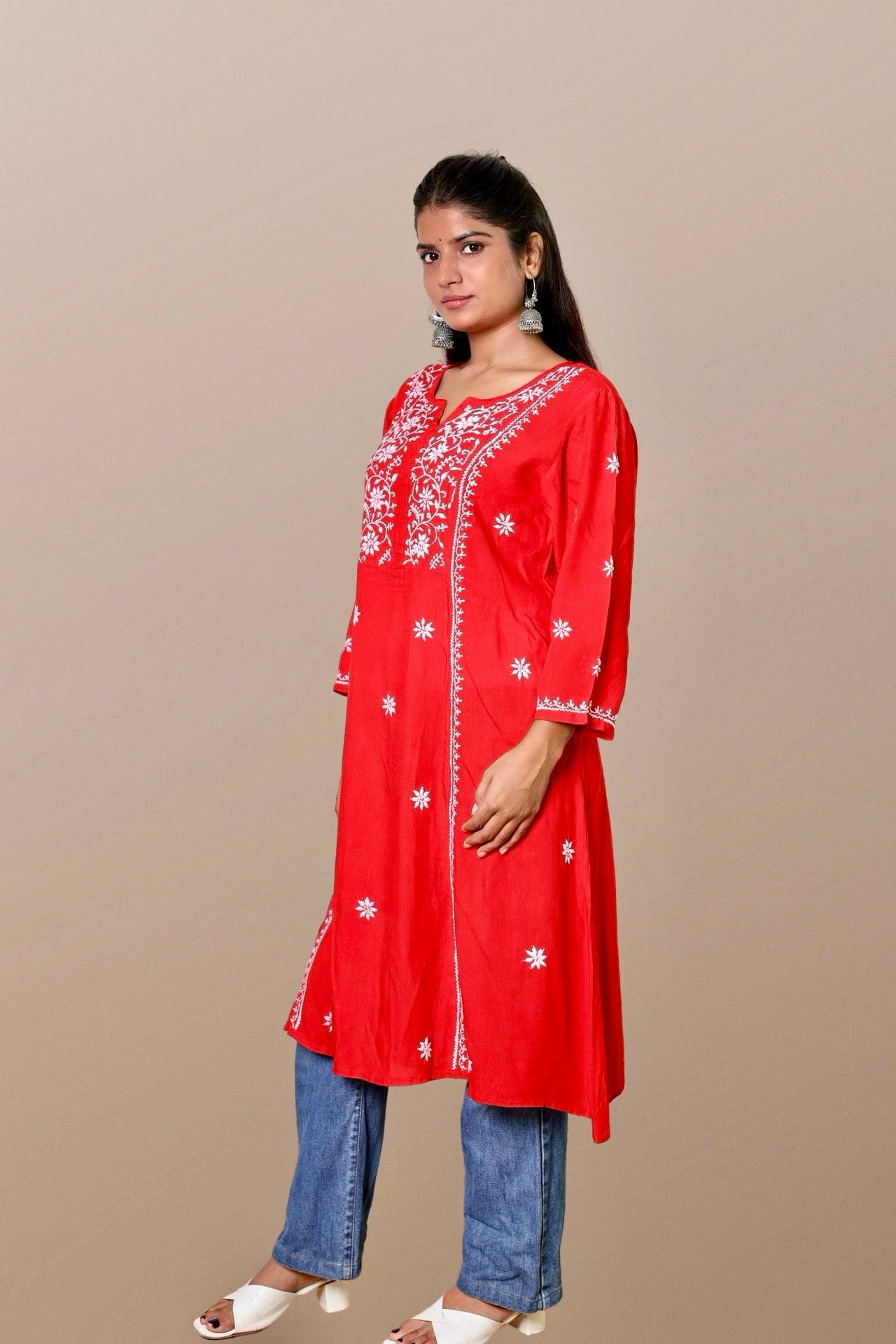 chikankari kurta women ethnic embroidered lucknowi chikan kurti festival daily wear girls handcrafted rayon fabric casual summer comfortable regular formal straight fit Lucknowi chicken ladies