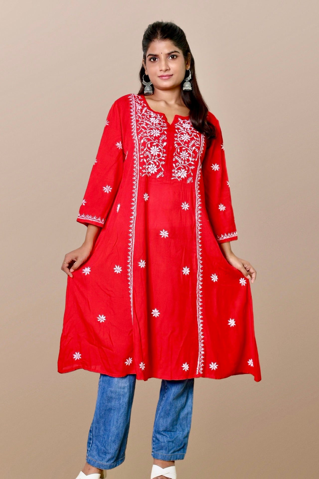 chikankari kurta women ethnic embroidered lucknowi chikan kurti festival daily wear girls handcrafted rayon fabric casual summer comfortable regular formal straight fit Lucknowi chicken ladies