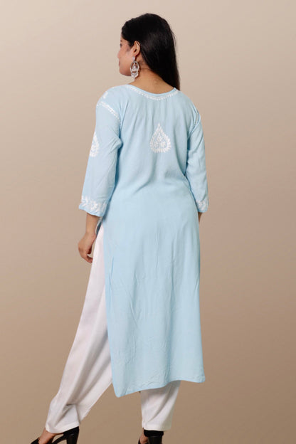 Hand Embroidered Lucknowi Chikankari Kurta Blue