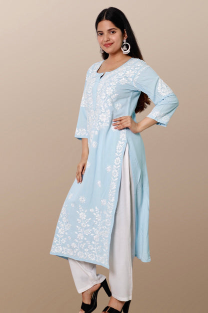 Hand Embroidered Lucknowi Chikankari Kurta Blue