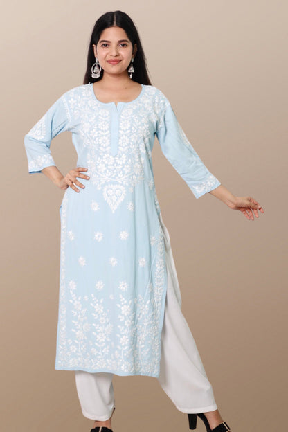 Hand Embroidered Lucknowi Chikankari Kurta Blue