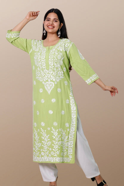 Hand Embroidered Lucknowi Chikankari Kurta Green