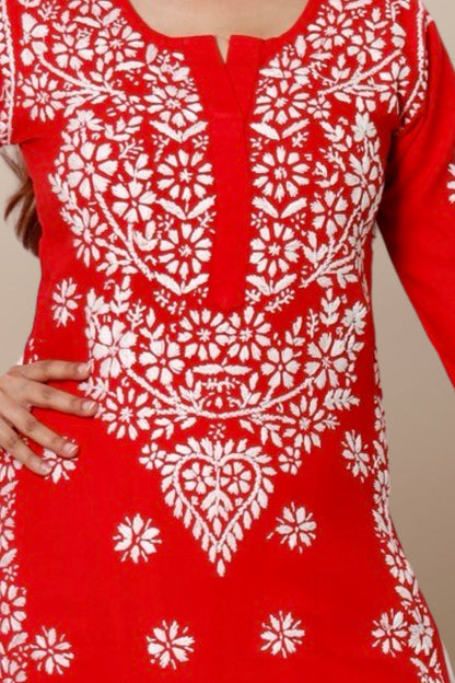 Hand Embroidered Lucknowi Chikankari Kurta Red