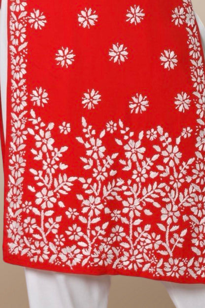 Hand Embroidered Lucknowi Chikankari Kurta Red