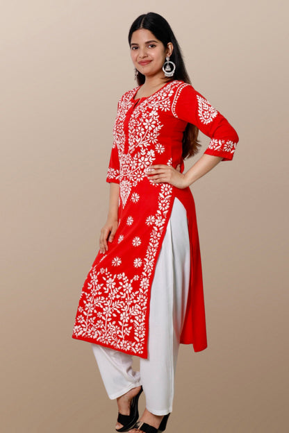 Hand Embroidered Lucknowi Chikankari Kurta Red