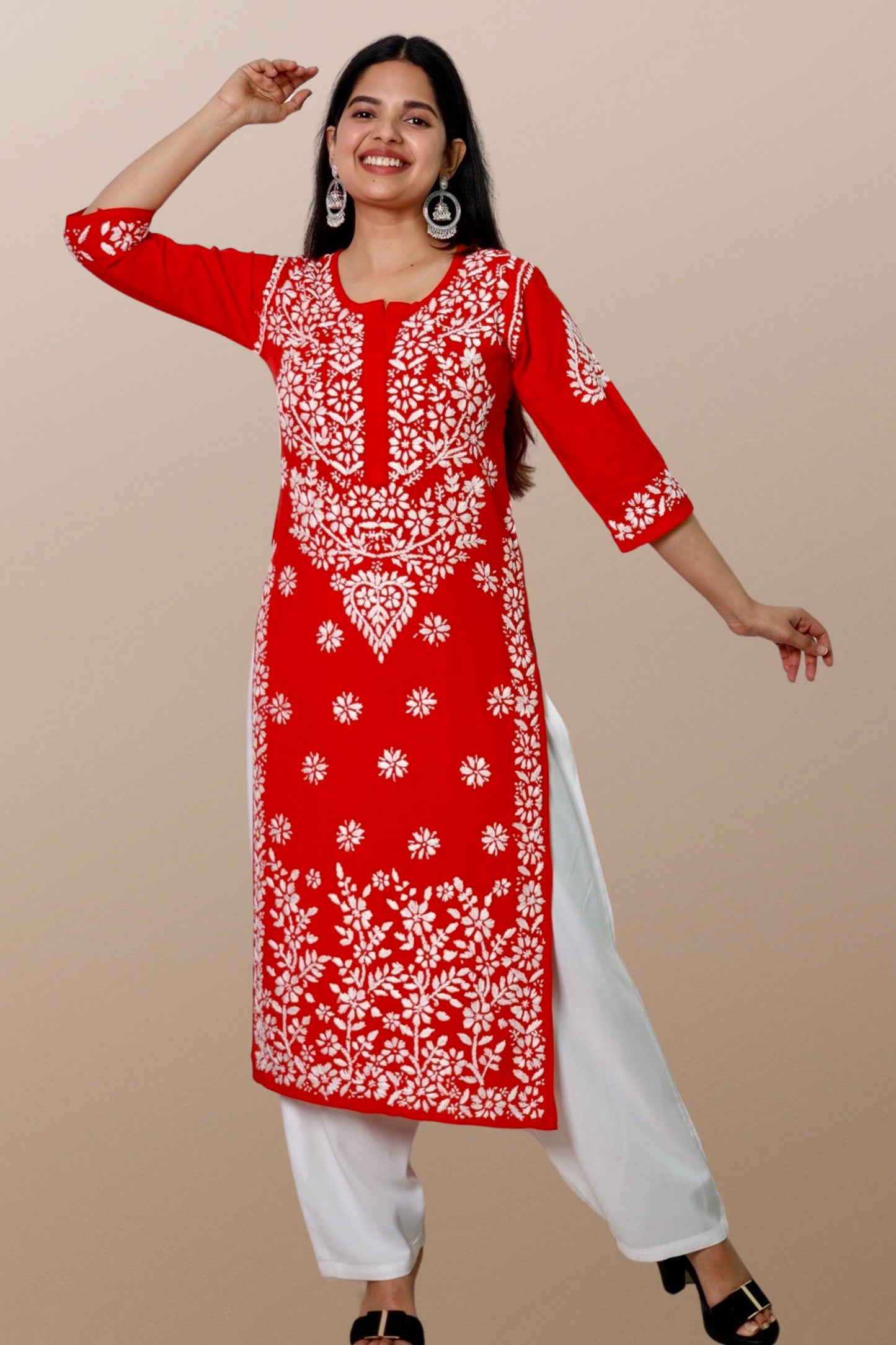 Hand Embroidered Lucknowi Chikankari Kurta Red