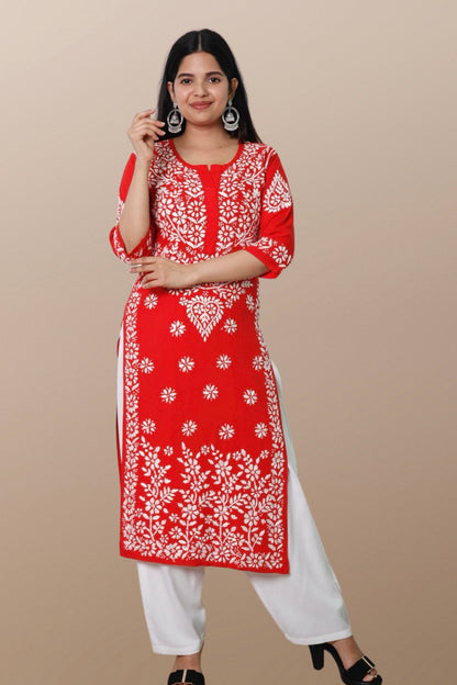 Hand Embroidered Lucknowi Chikankari Kurta Red