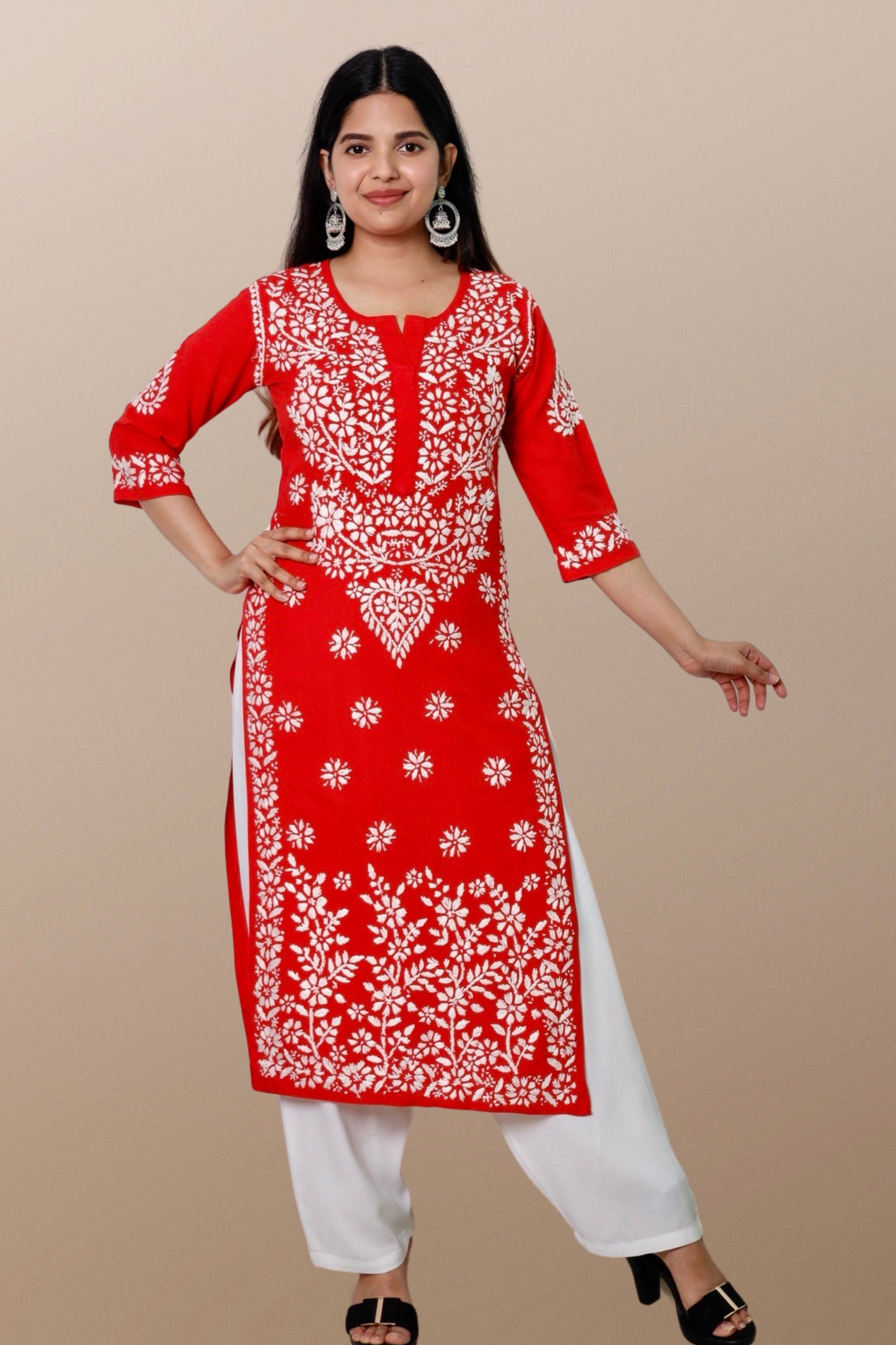 Hand Embroidered Lucknowi Chikankari Kurta Red