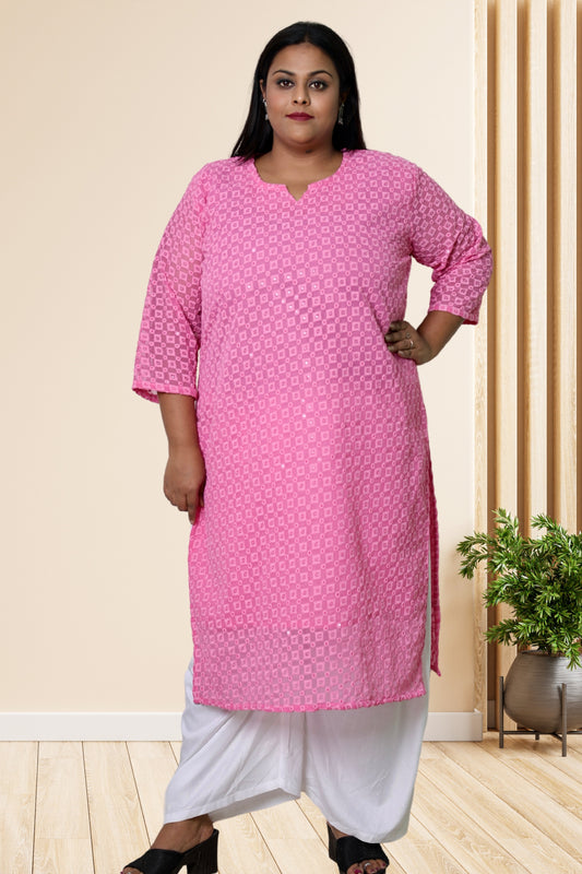 Plus Size Chikan Embroidery Georgette Kurta with Attached Slip