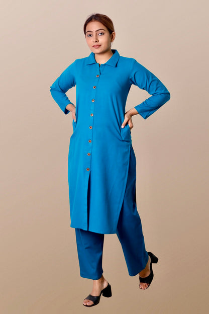 Plus Size Woolen Kurta (Without Bottoms) Firozi